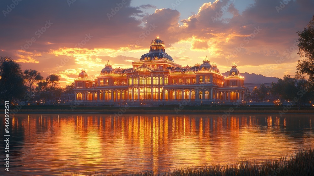 Obraz premium Luxurious mansion at golden sunset over lake