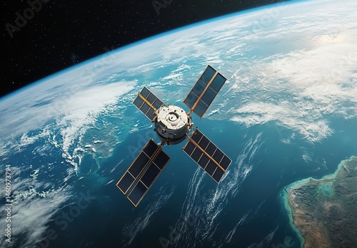 A satellite in Earth's orbit with part of Earth's surface in the background, showing oceans and land, with stars in the sky. photo
