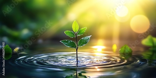 A seedling emerging from the water with ripples around it, a blurred green plant background, and sunlight on the water, creating a warm atmosphere. photo