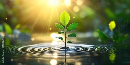 A seedling emerging from the water with ripples around it, a blurred green plant background, and sunlight on the water, creating a warm atmosphere. photo