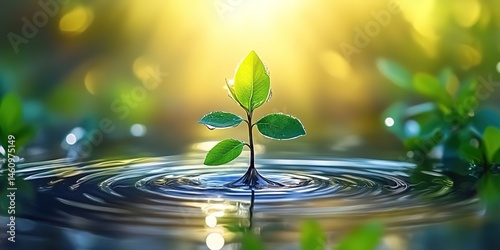 A seedling emerging from the water with ripples around it, a blurred green plant background, and sunlight on the water, creating a warm atmosphere. photo