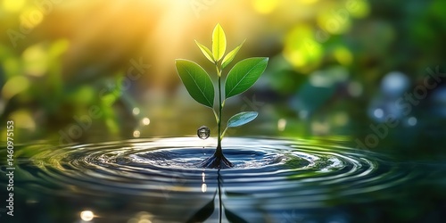 A seedling emerging from the water with ripples around it, a blurred green plant background, and sunlight on the water, creating a warm atmosphere. photo