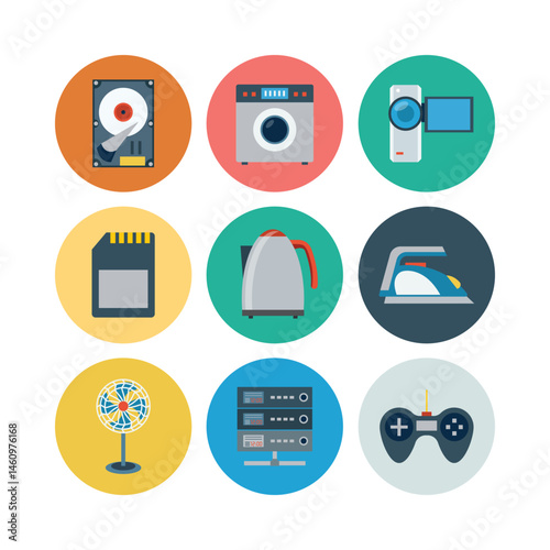 Household Appliances And Electronic Devices In Flat Design Style On Colorful Circular Backgrounds