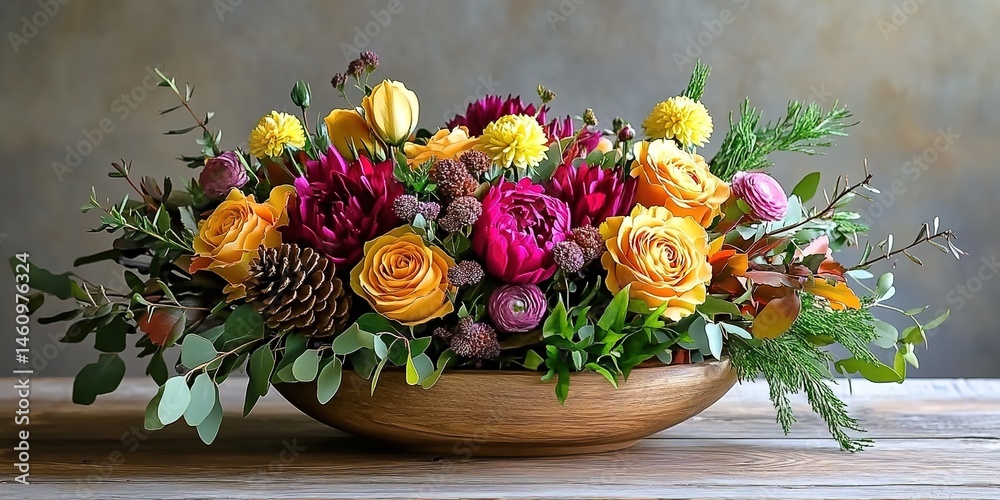 Obraz premium A floral arrangement in a wooden bowl with colorful roses, peonies, green leaves, pinecones, and berries on a wooden surface against a neutral background.