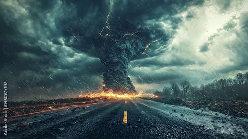 Unleashing Nature's Fury: A terrifying tornado rages across a desolate highway, a display of raw power under a foreboding, stormy sky.