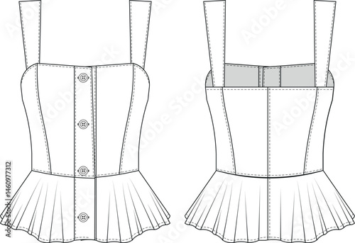 sleeveless strappy strapped shoulder straps square neck buttoned ruffled frilly frilled blouse top template technical drawing flat sketch cad mockup fashion woman design style model 
