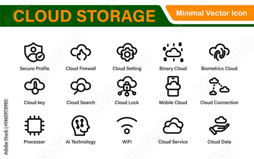 Cloud Storage Backup Icon Set – Minimal Outline Vector Illustrations for Secure Data, Sync, Upload, and File Protection – Modern Line Icons