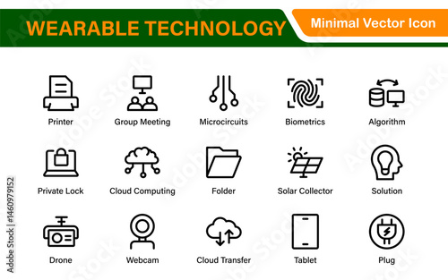 Wearable Technology Icons – Minimal Outline Vector Set for Smart Gadgets, Fitness Trackers, Smartwatches and AR Devices – Line Illustration Pack