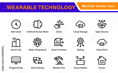 Wearable Technology Icons – Minimal Outline Vector Set for Smart Gadgets, Fitness Trackers, Smartwatches and AR Devices – Line Illustration Pack