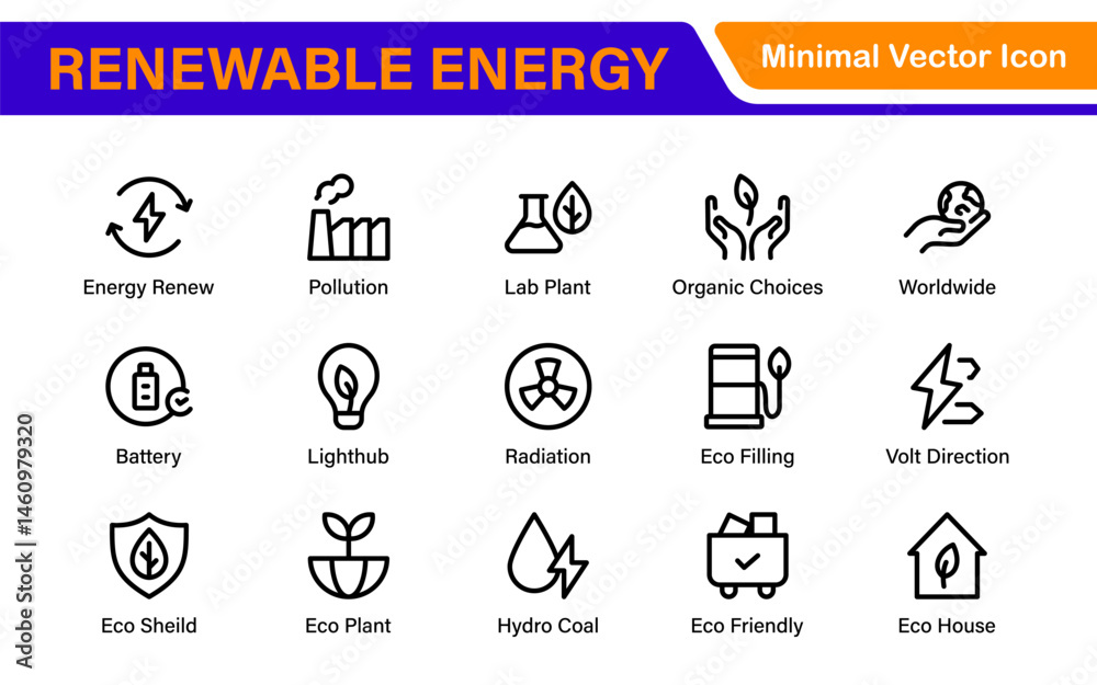 Modern Green Technology Sustainability Icons – Outline, Line Art, and Vector Illustrations for Clean Energy, Recycling, Nature Conservation, and Digital UI