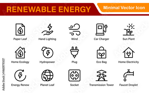 Modern Green Technology Sustainability Icons – Outline, Line Art, and Vector Illustrations for Clean Energy, Recycling, Nature Conservation, and Digital UI