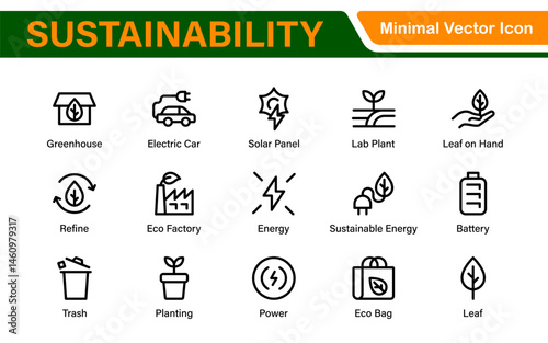 Modern Green Technology Sustainability Icons – Outline, Line Art, and Vector Illustrations for Clean Energy, Recycling, Nature Conservation, and Digital UI