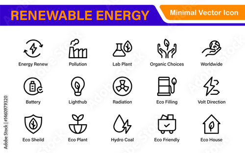 Modern Green Technology Sustainability Icons – Outline, Line Art, and Vector Illustrations for Clean Energy, Recycling, Nature Conservation, and Digital UI