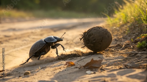 Nature macro shot of dung beetle on ground with earth tones, perfect for educational content. hard working dung beetles facing problems
