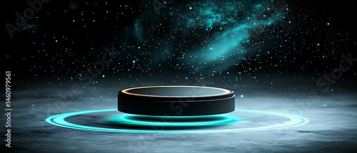 Futuristic black platform with teal glow
