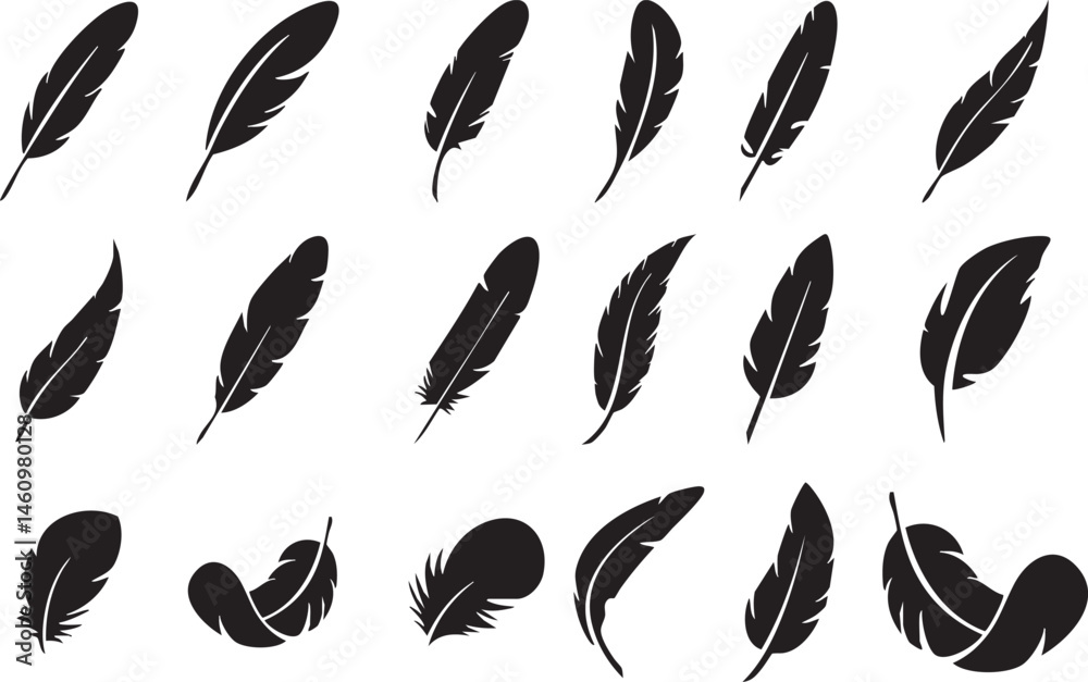 Bird feather icons set. Simple black symbols with different feathers from bird wings. Flat line style vector for apps website isolated on transparent background Bird feather silhouettes Quill Icon