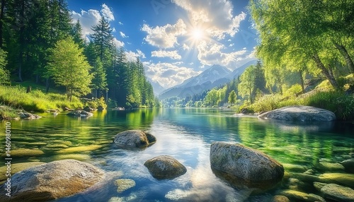 A sunny riverside landscape with lush forests and distant mountains.