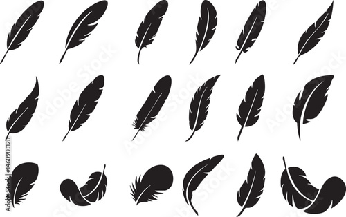 Bird feather icons set. Simple black symbols with different feathers from bird wings. Flat line style vector for apps website isolated on transparent background Bird feather silhouettes Quill Icon