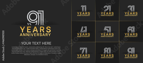 Anniversary logo set with double line number style. golden and silver color can be use for special moment
