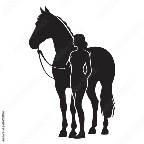 a woman holding a horse Vector Black silhouettes. with white background