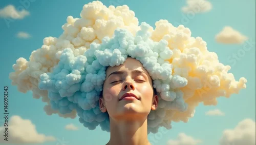 Fototapeta samoprzylepna Serene Woman with Pastel Cloud Hair Dreamy Sky Background Peaceful Meditation