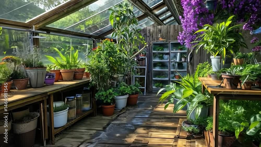 A Greenhouse Filled With Thriving Plants, Sunlight Streaming Through The Glass Roof, Creating A Warm And Inviting Atmosphere. A Greenhouse Filled With Thriving Plants, Sunlight Streaming Through The Glass Roof, Creating A Warm And Inviting Atmosphere.