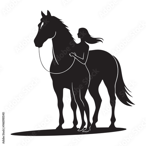 a woman holding a horse Vector Black silhouettes. with white background