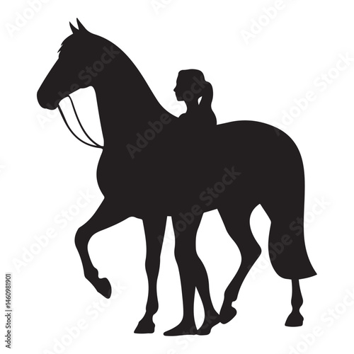 a woman holding a horse Vector Black silhouettes. with white background