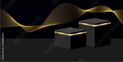 Elegant 3D luxury podium vector featuring dynamic lighting and gold accents. Ideal for premium product displays, branding, and modern promotional visuals.