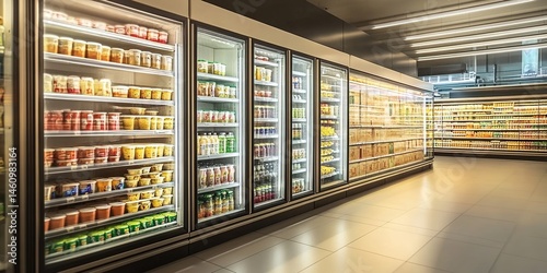 A supermarket freezer aisle with refrigerated display cases filled with frozen snacks, canned goods, dairy products under bright lights on a clean shiny floor.