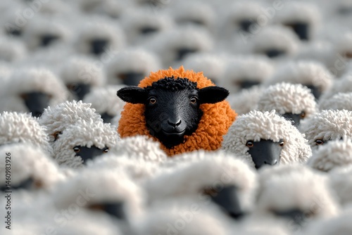 Black sheep stands out in a crowd of white sheep