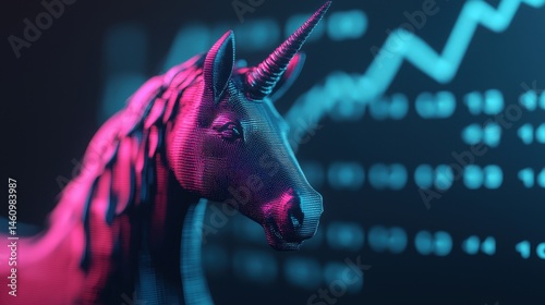 Abstract Illustration of a Digital Unicorn Surrounded by Stock Market Data Representing Growth and Innovation