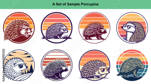 These cartoon porcupines wear sunglasses on retro sunrise badges, and bring retro vibes