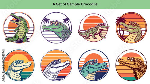 Cartoon crocodiles with retro circles wearing sunglasses create a cheerful and relaxed mood