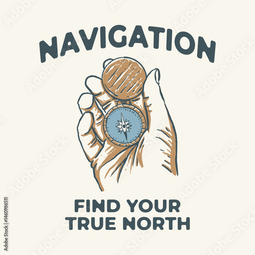Hand Holding Compass Navigational Quest. Vintage badge hand drawn illustration tshirt design
