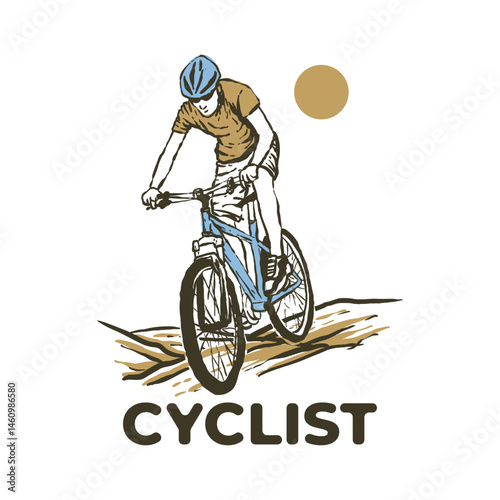 Mountain biker conquers dusty trails sun above. Vintage badge hand drawn illustration tshirt design
