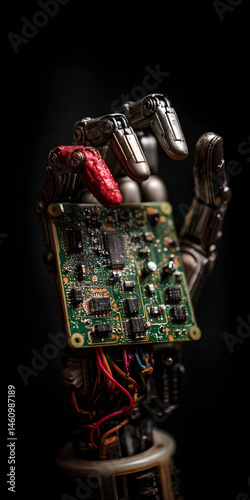 Futuristic Robot Hand Gripping a Colorful Circuit Board
