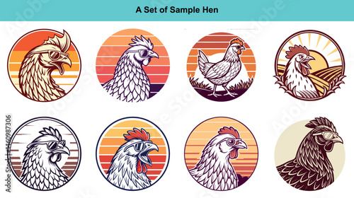 Eight unique rooster icons are showcased with various vintage backgrounds and retro eyewear