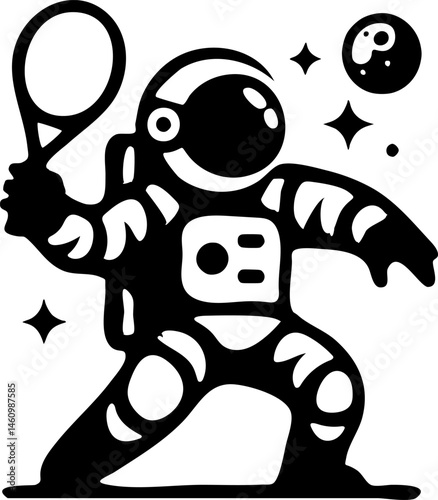 Sketchy cosmic emblem of Space tourist plays tennis on distant planet in monochrome. Engraving minimalistic vector in black ink drawing on transparent background