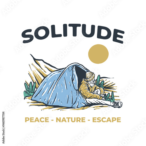Camper Seeking Solitude in Natural Beauty. Vintage badge hand drawn illustration tshirt design