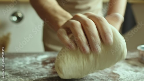 A baker in an apron kneads the dough with his hands and sprinkles it with flour to bake delicious homemade bread.
