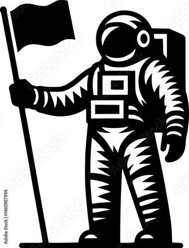 Sketchy cosmic emblem of astronaut discoverer holds flag to be planted on surface of new planet in monochrome. Engraving minimalistic vector in black ink drawing on transparent background