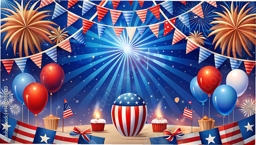 Fourth of July party background with fireworks and festive patriotic theme