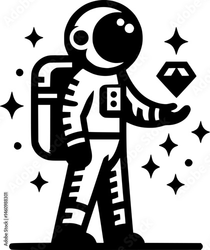 Sketchy cosmic emblem of astronaut carries in his hand a floating alien Crystal information carrier in monochrome. Engraving minimalistic vector in black ink drawing on transparent background