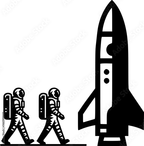 Sketchy cosmic emblem of a group of astronauts walks around a rocket standing on the launch pad in monochrome. Engraving minimalistic vector in black ink drawing on transparent background