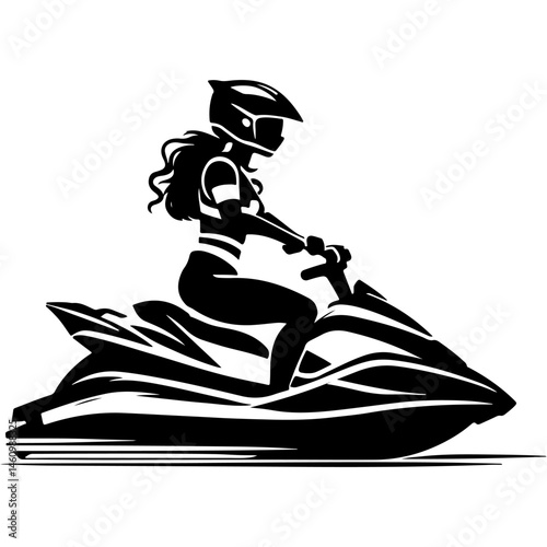 Sketchy sport emblem of sportswoman in overalls and protective helmet races on powerful jet ski in monochrome. Engraving minimalistic vector in black ink drawing on transparent background