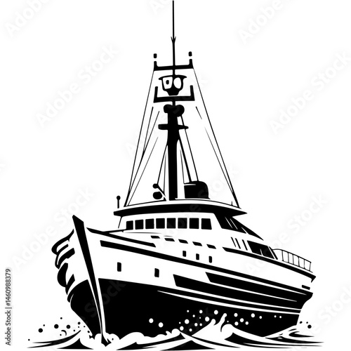 Sketchy engraving emblem of large pleasure yacht motor ship view from below in monochrome. Engraving minimalistic vector in black ink drawing on transparent background