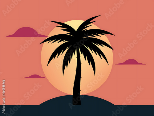 Flat and Minimal black palm tree's on a sunset landscape background design