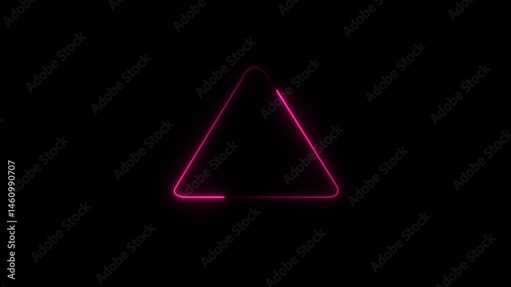 Neon triangle frame glowing on black background. Geometric glowing sign rotation animation. Neon triangle frame glowing on black background. Geometric glowing sign rotation animation.