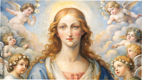 Madonna Assunta and angels fresco painting by Bernardo in traditional style